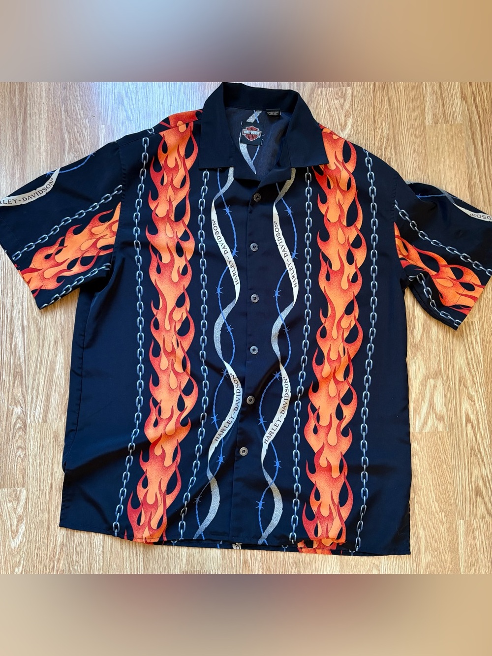 VTG Harley Davidson x Tori Richard flame chain polo shirt sz M men’s